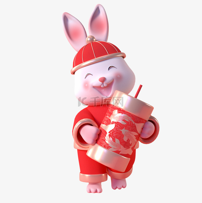 红色喜庆3D卡通兔子手抱鞭炮兔年