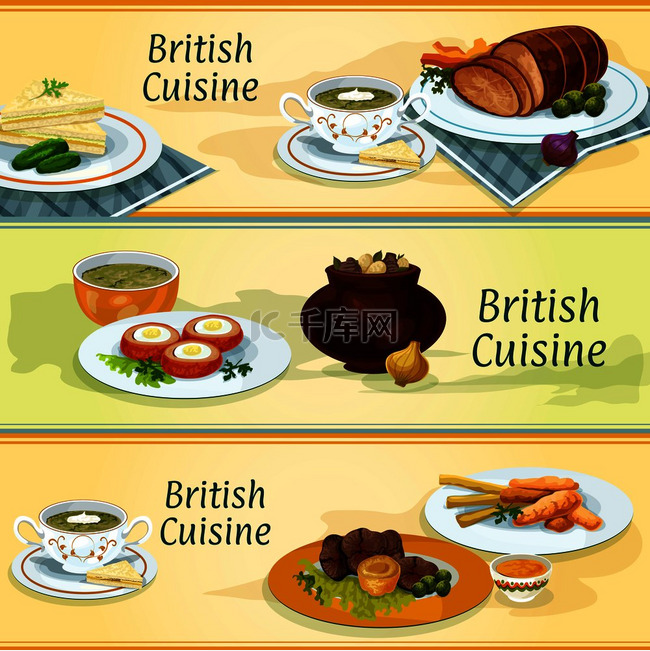 英国美食横幅包括鱼和薯片、爱尔