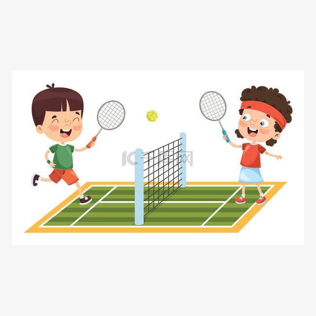 孩子打网球的矢量插图