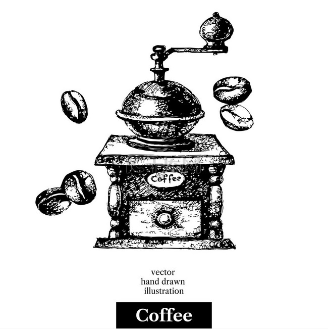 手绘素描黑白复古咖啡背景。