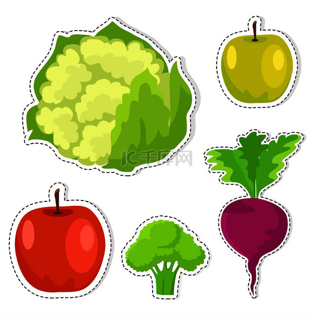 水果和蔬菜贴纸或图标集。
