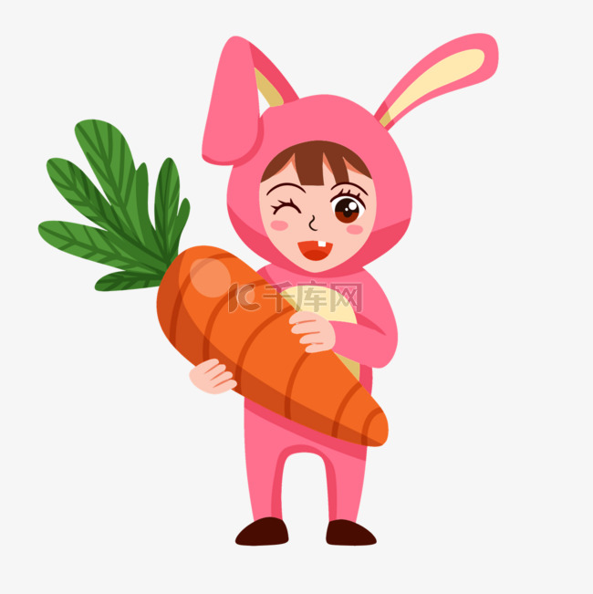 小女孩穿着兔子服装抱着萝卜角色