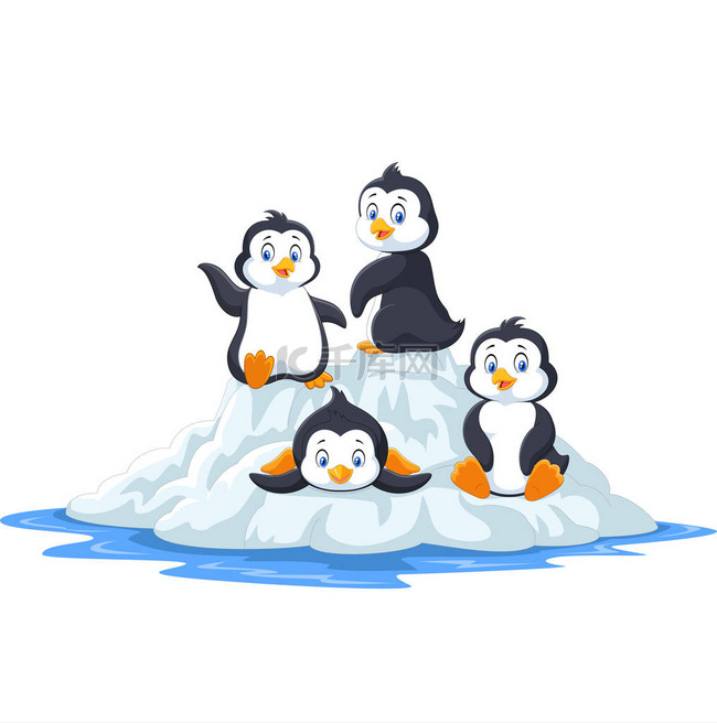 在浮冰上玩耍的一群滑稽企鹅的矢