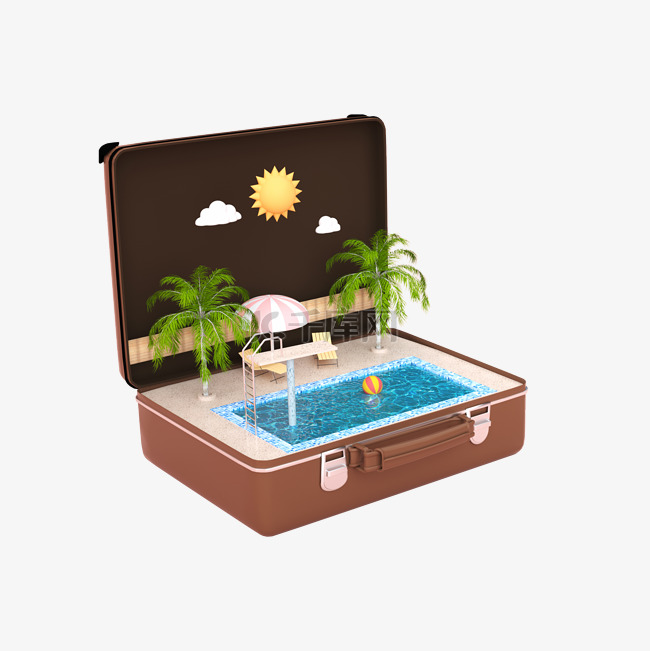 夏天c4d创意夏季海边行李箱