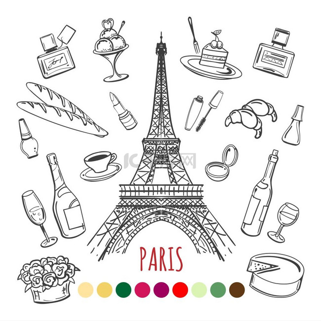 巴黎用色板着色的页面巴黎彩色页