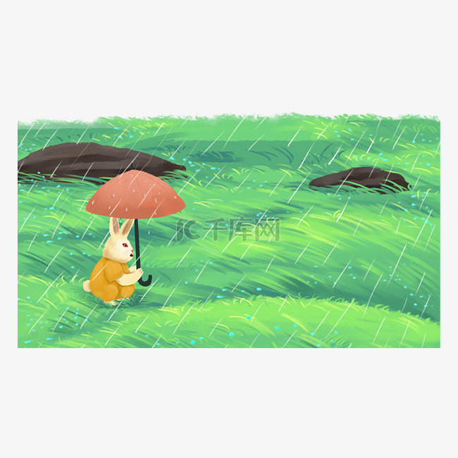 下雨兔子打伞草地