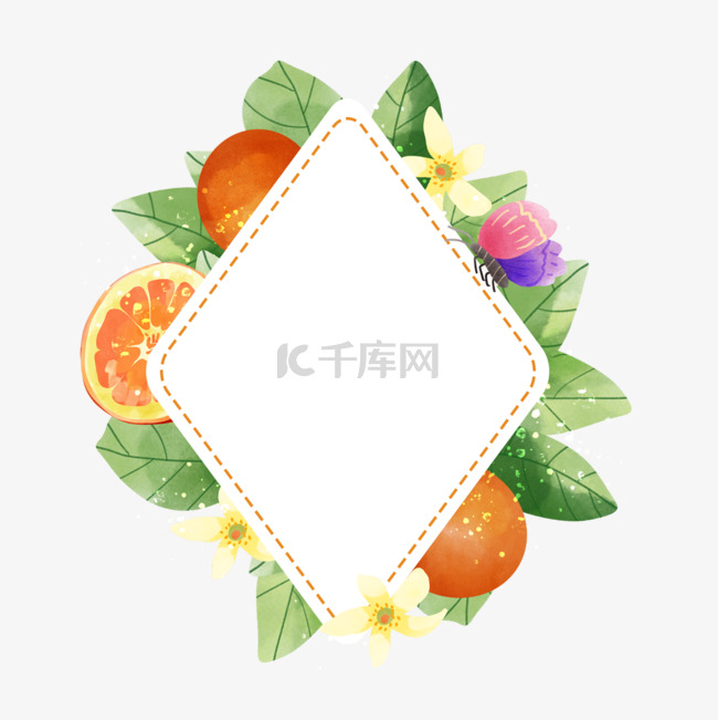 橙子水果水彩蝴蝶花卉边框