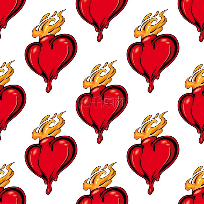 火焰般的红心无缝图案充满爱和激