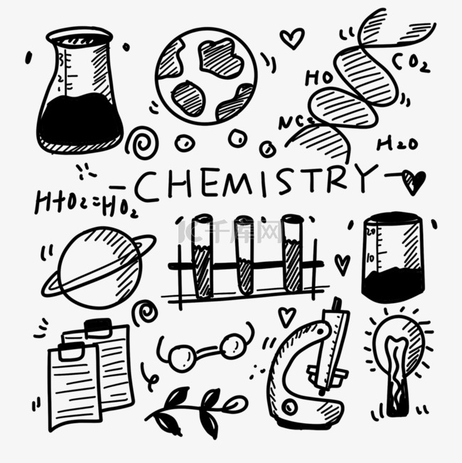 科学化学教育涂鸦黑色线画