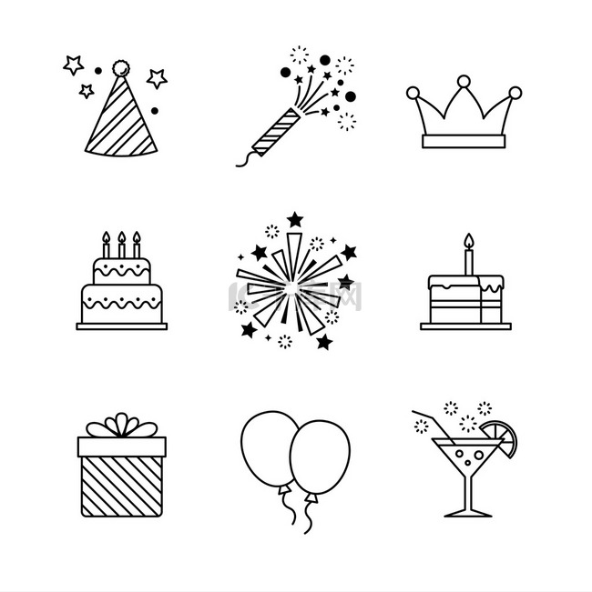 Birthday icons thin line set