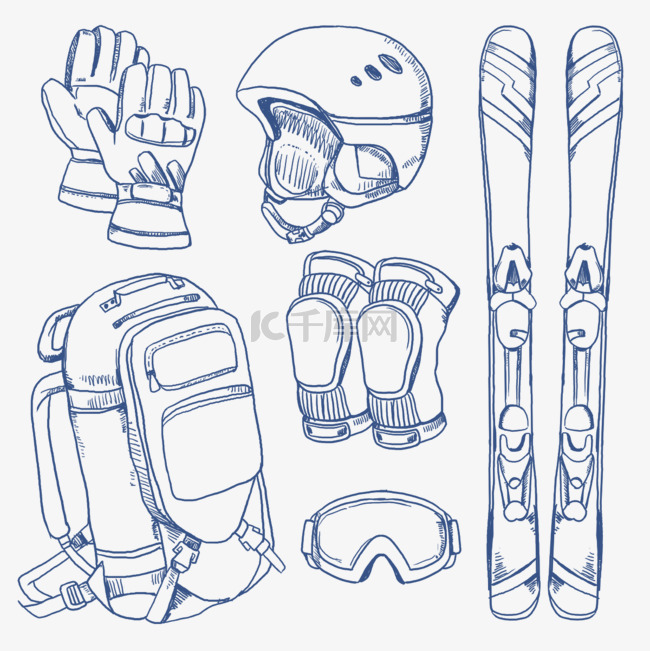 冬季滑雪运动器材用品速写