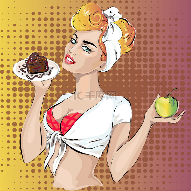 苹果和蛋糕甜点的针向上健身女人