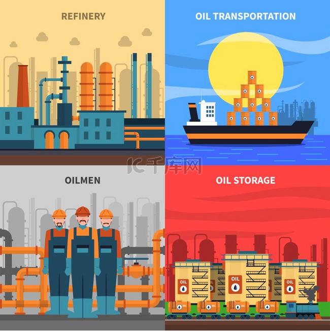 石油概念图标集带有炼油厂运输和
