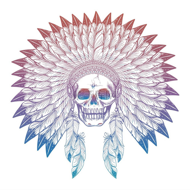 在美国原住民头饰的彩色头骨。