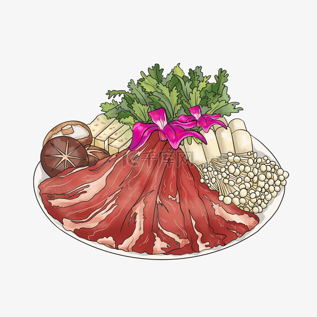 火锅美食食材肉片香菇蔬菜