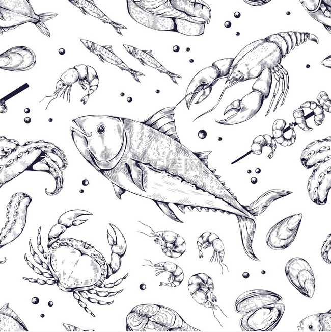 海洋食物模式线条艺术和涂鸦风格
