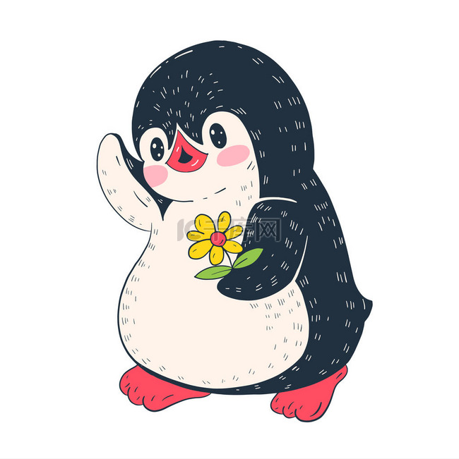 插图与滑稽卡通企鹅与花。矢量插