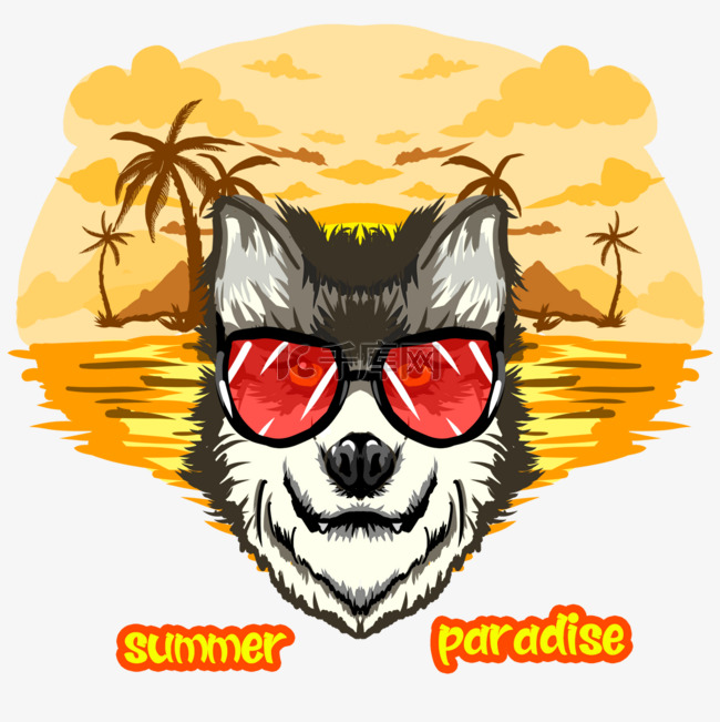 夏天与椰子树海岛的金黄狗