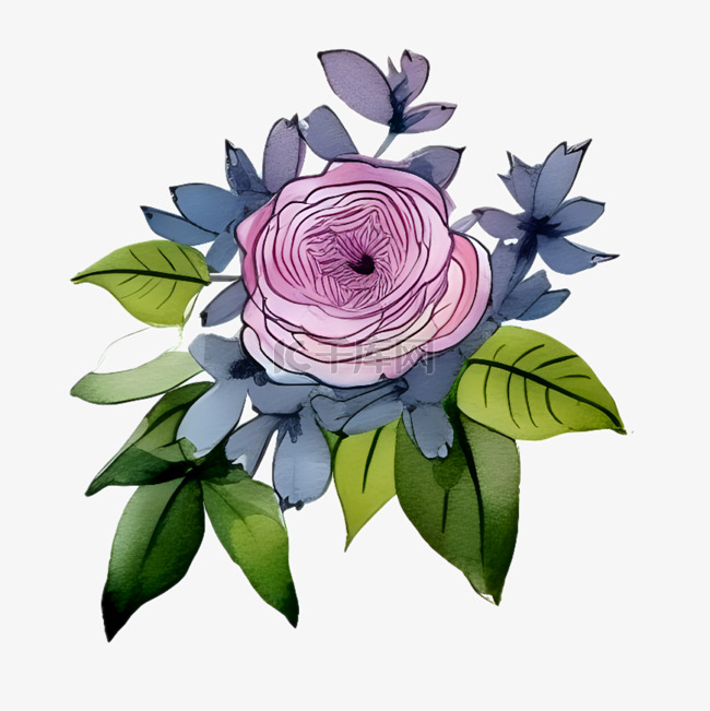紫色玫瑰植物绿色卡通手绘