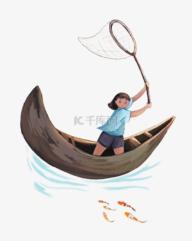 小女孩捉鱼木船