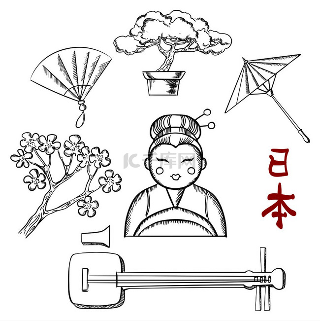 日本旅游和文化素描图标与樱花、