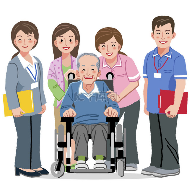 微笑在轮椅和护理照顾老人