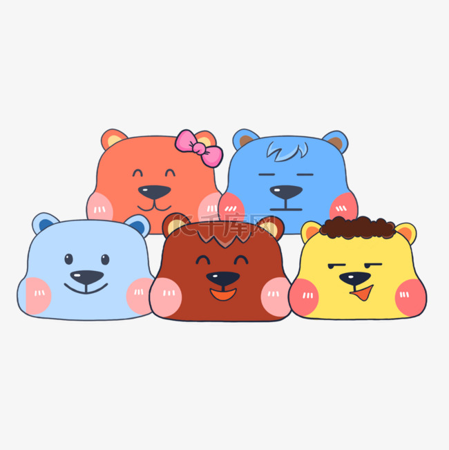 五只彩色小熊头像可爱卡通动物