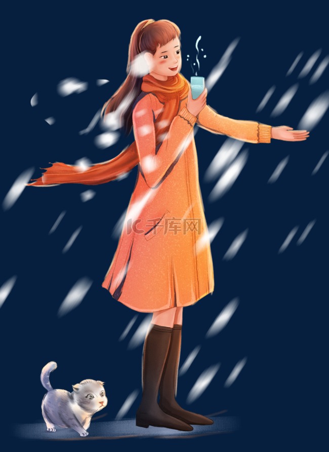 冬天冬景冬季下雪女孩小猫