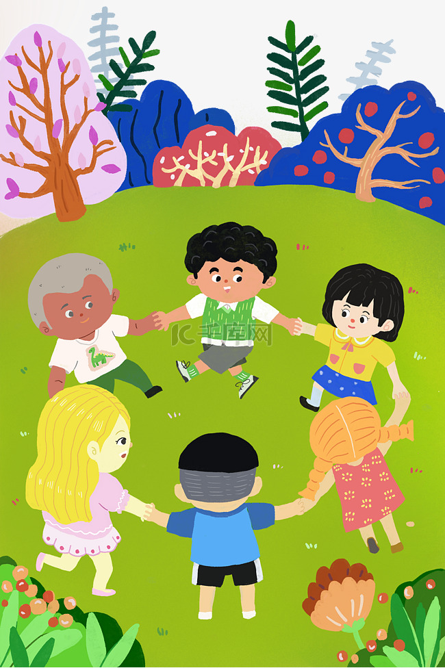 六一儿童节孩子绿色草地手拉手玩