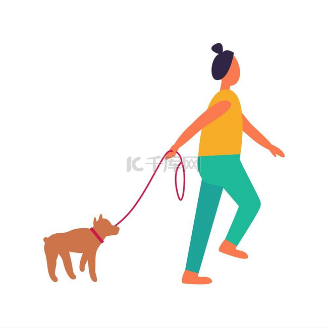 女人带着狗矢量插图走着孤立。