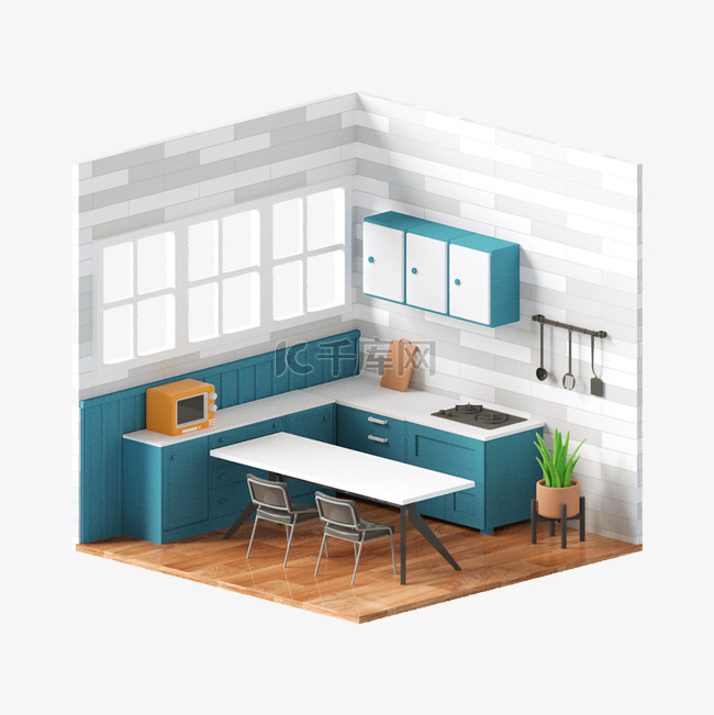 3D立体房间绿色厨房