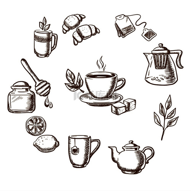 凉茶、甜点和面包店素描图标，茶