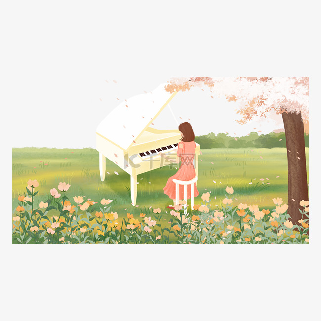 音乐节女孩草地弹钢琴