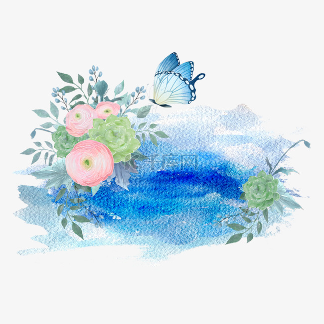 笔刷水彩蓝色花卉边框