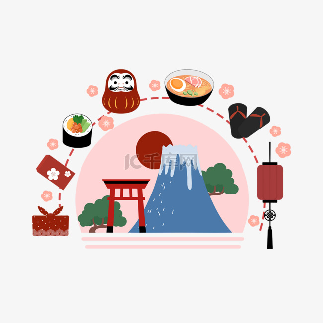 粉色日本富士山风景图标神社