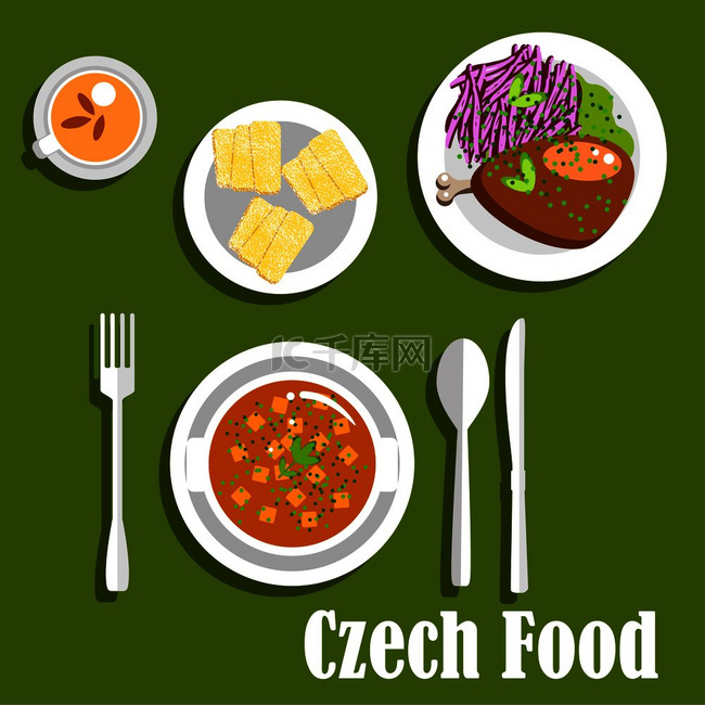 捷克美食午餐菜肴包括土豆牛肚汤