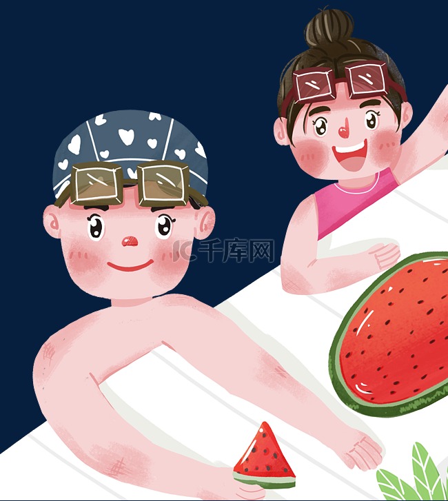 夏季夏天小暑卡通儿童游泳吃西瓜