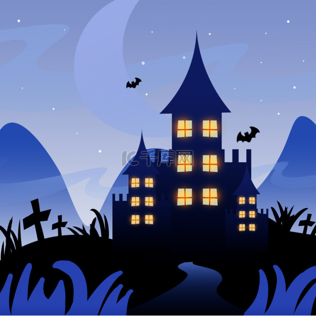 万圣节蓝色月夜黑色城堡鬼屋