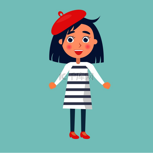 戴着红帽和条纹裙子的快乐小女孩