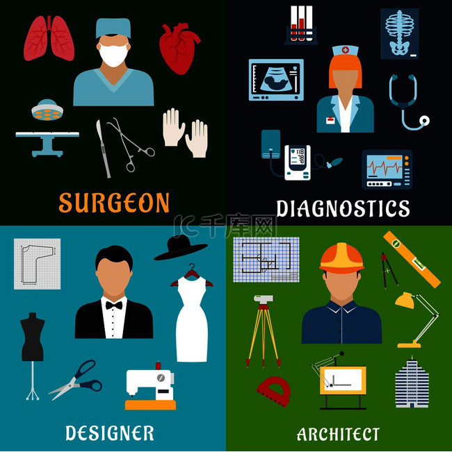 外科医生、医学实验室助理、裁缝