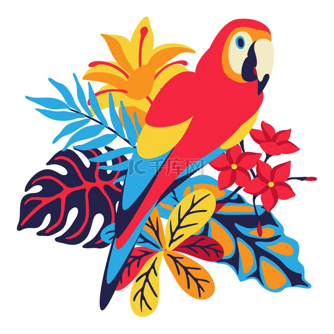 金刚鹦鹉与热带植物的插图。