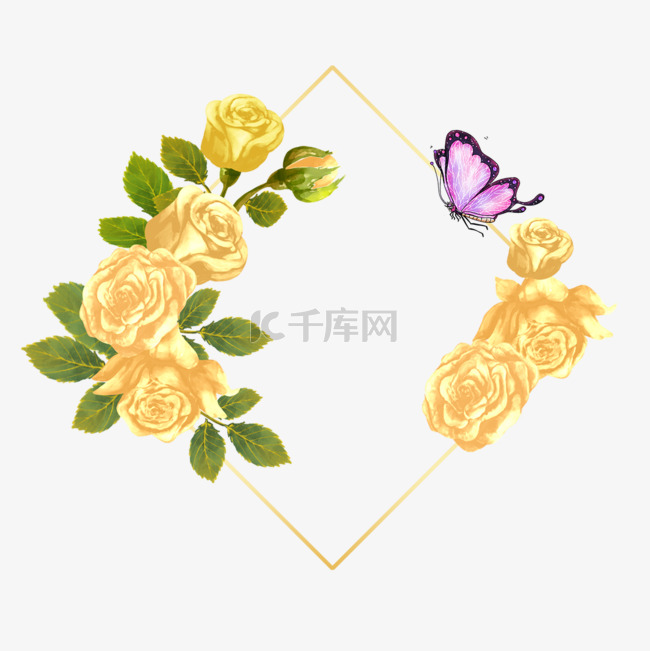 花卉边框蝴蝶水彩风格黄色