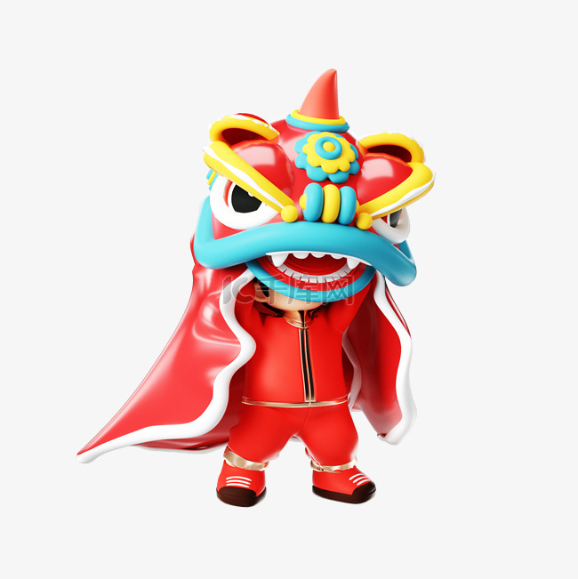 新年喜庆3D红色舞狮人物形象