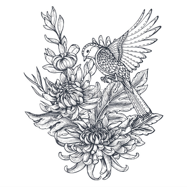 矢量花环用手绘制菊花和一只鸟