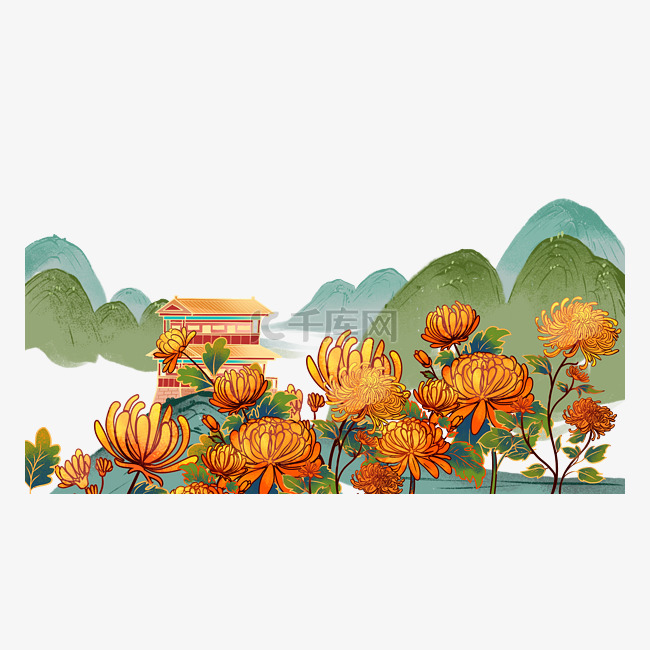 重阳节风景中国风国潮山水建筑菊