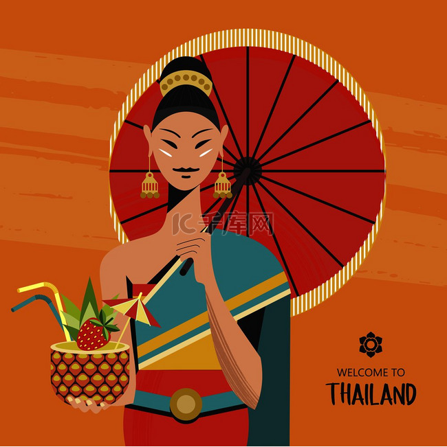 一个带着红伞的美丽泰国女孩拿着