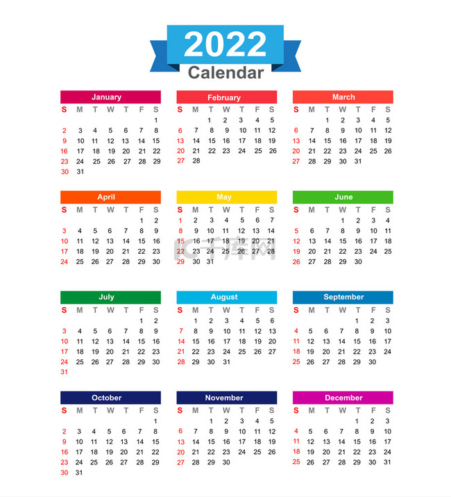 2022 年的日历上白色背景矢