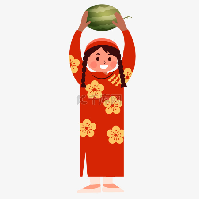 穿着红色服装举着西瓜的可爱越南