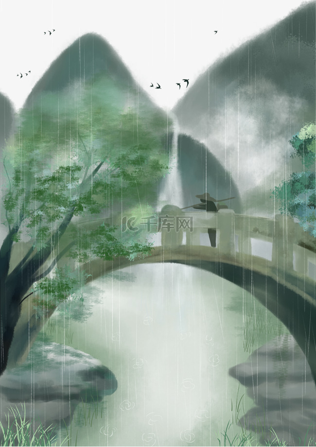 古风桥下春天春季雨水下雨绿色