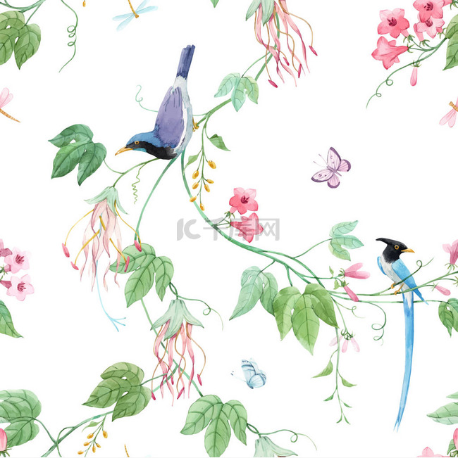 水彩斑斓的植物图案，蓝鸟的天堂